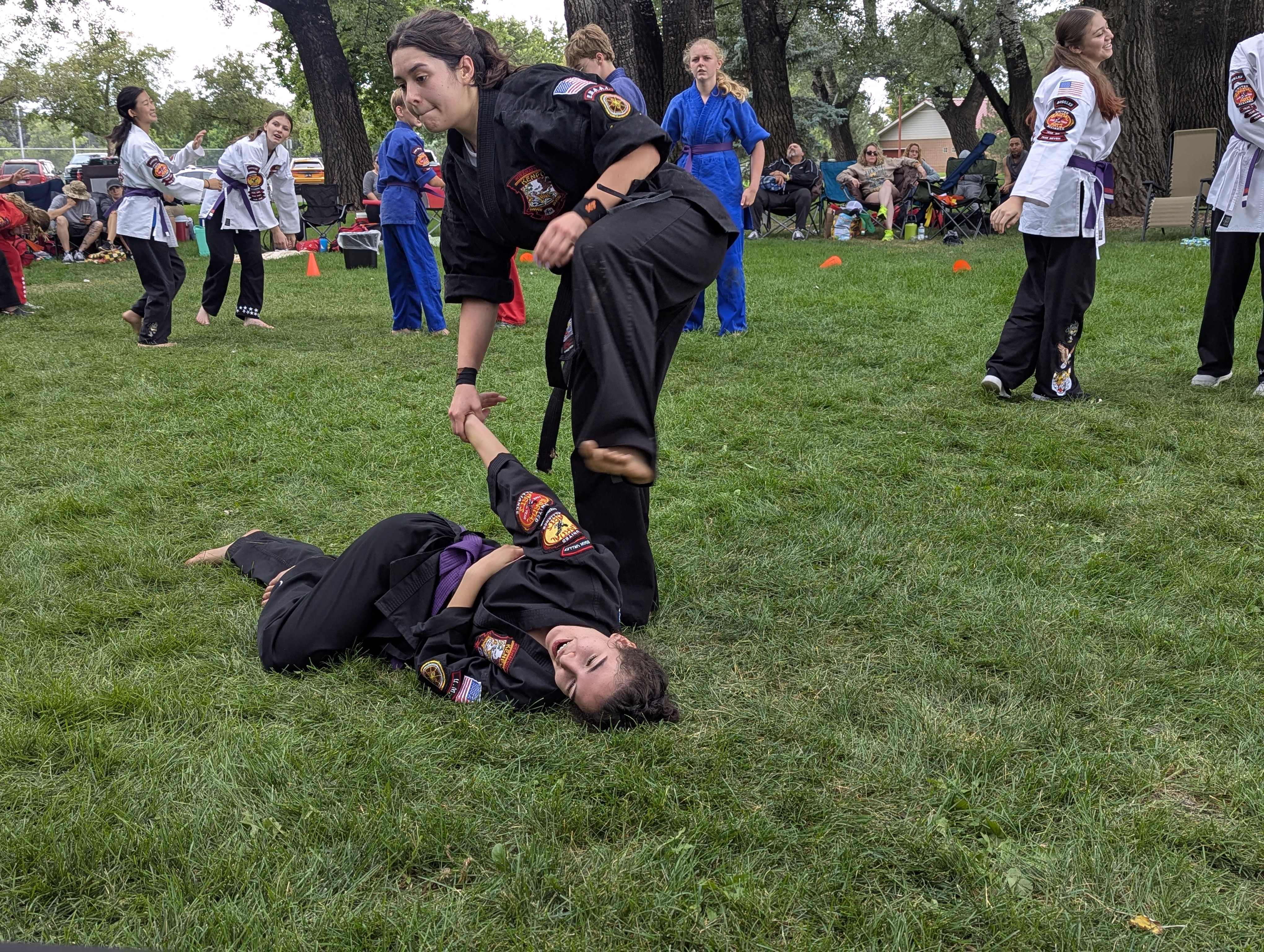 Students demonstrating martial arts techniques at an outdoor community event